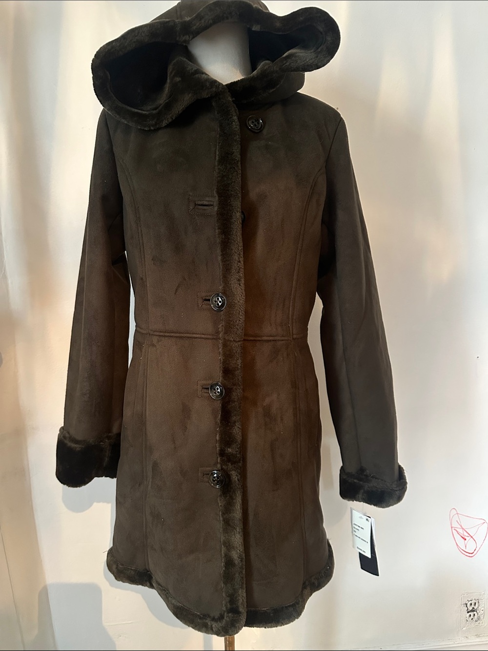 Jones New York Dark Brown Hooded Faux Shearling Jacket